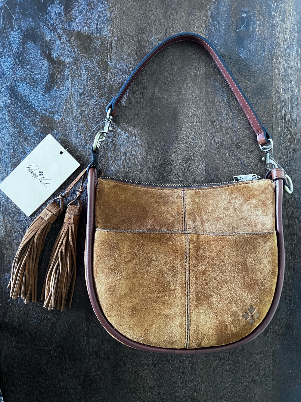 NWT Patricia Nash Calanna Cognac Brown Suede Leather Saddle bag